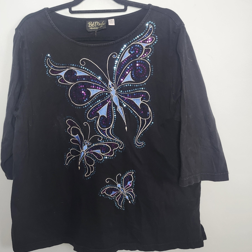 Bob Mackie Wearable Art Butterfly Rhinestone Embellished Black Top 1X